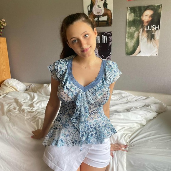 Vintage floral print mesh tank top in baby blue (S-M) - Picture 6 of 7